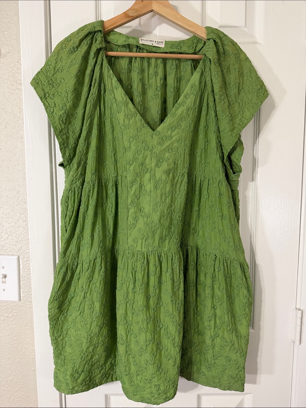 Electric & Rose Green Embroidered Tiered Babydoll Dress Small Pockets